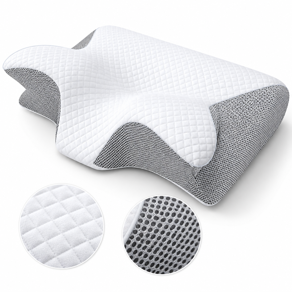 Dettaglio forma e mesh cuscino cervicale memory foam