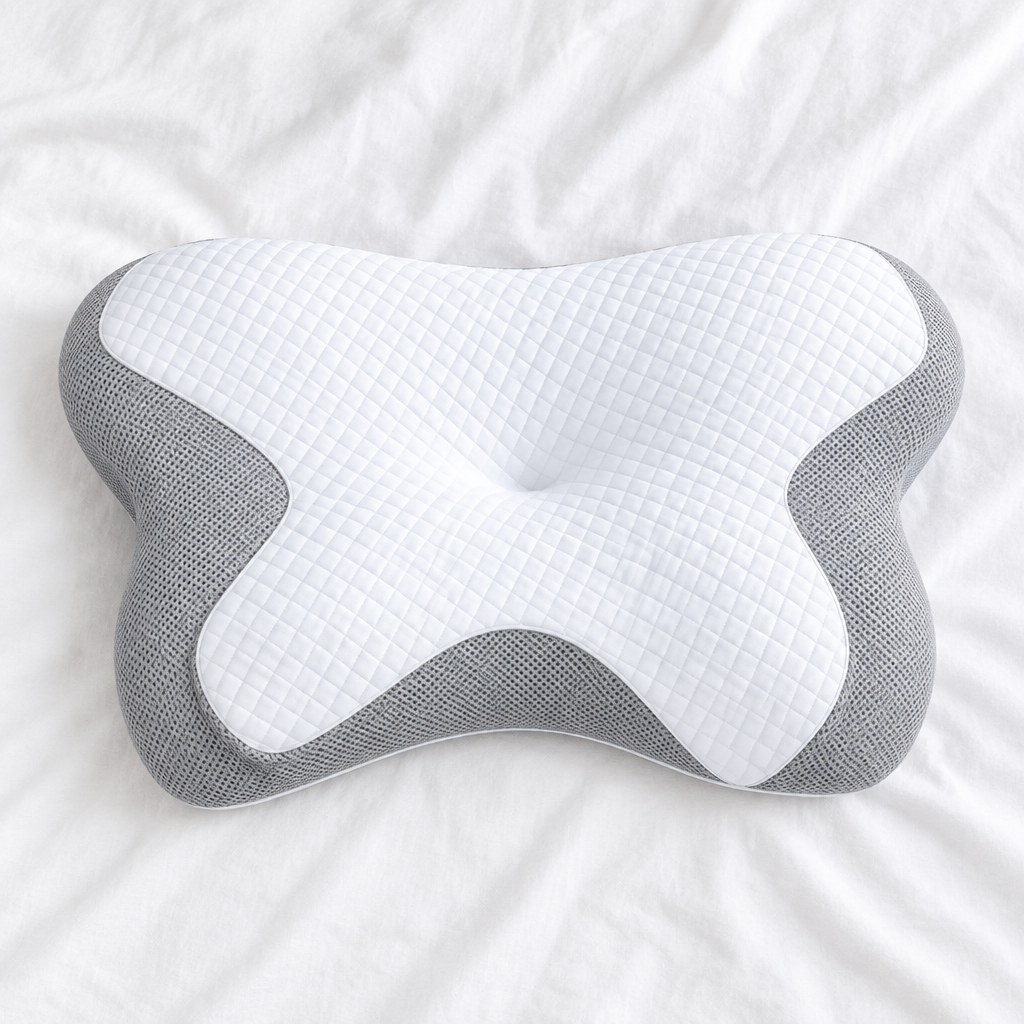 Flat lay cuscino cervicale memory foam su lino bianco